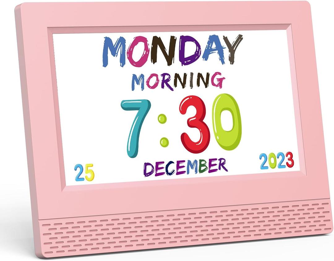 Kids Digital Alarm Clock Colorful, 7" Large LED Time Display Children's Sleep Trainer, Eye-Caring Digital Clock for Girls Boys Bedrooms Bedside, 17 Alarm Clock Settings Easy to Use Kids Birthday Gift (Pink)