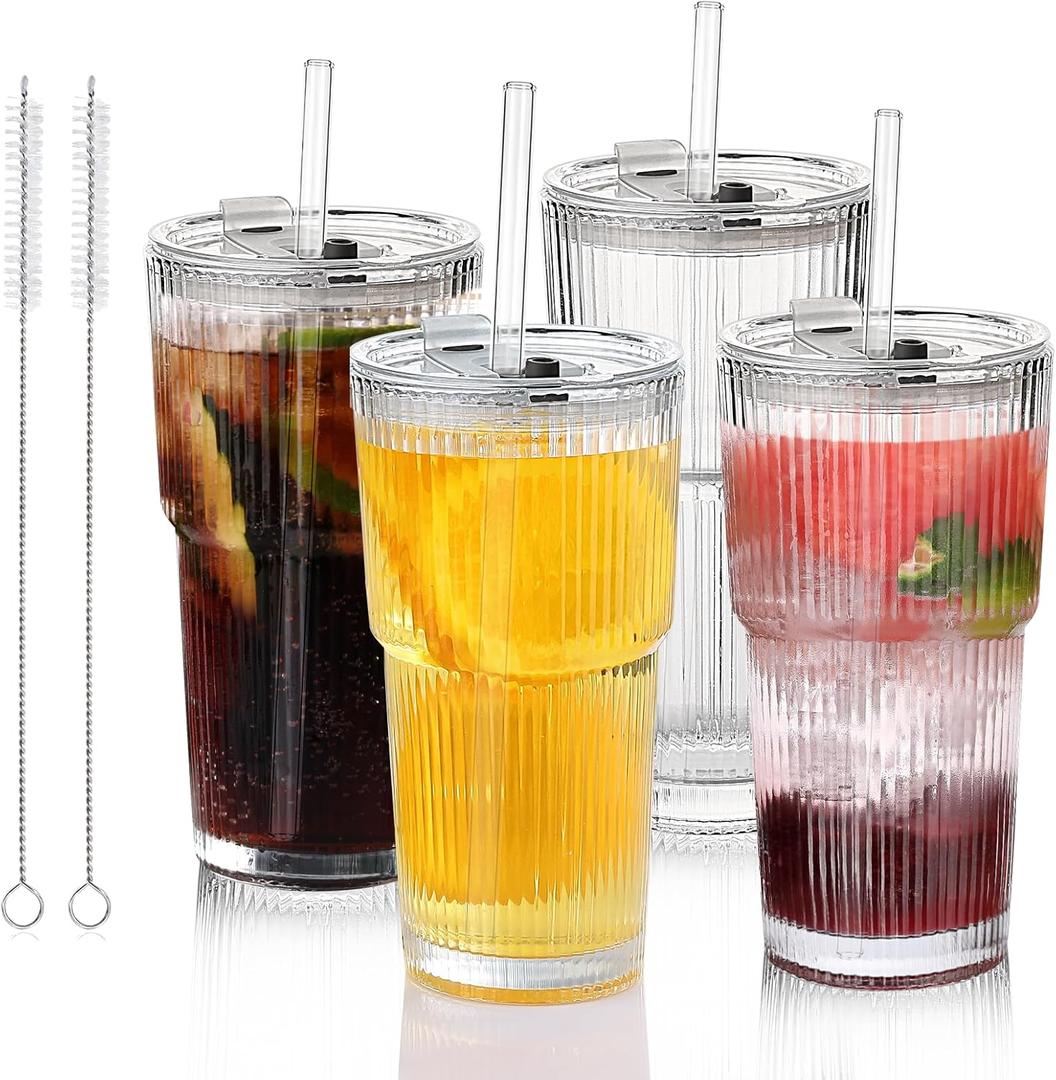 Glass Cups with Lids and Straws  20oz Glass Tumbler with Straw and Lid, Reusable Iced Coffee Cup, Smoothie & Tea Glass, Ideal for Home, Office, Travel, 4 Pack