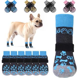 KOOLTAIL Anti Slip Dog Socks to Prevent Licking and Slipping, Winter Warm Pet Shoes Booties for Hardwood Floors, Adjustable Extra-Thick Grip Dog Boots & Paw Protectors for Small Medium Large Senior,S (Blue)
