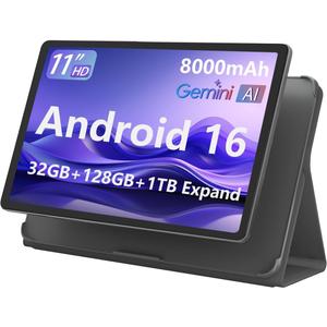 11-inch Android 16 Tablet, 32GB RAM + 128GB ROM (1TB Expand), T7280 Octa-Core 2.2GHz Processor, 90Hz FHD+ IPS Display, 8000mAh Battery, Gemini AI, Face ID, Dual Speakers, Fast Charging (Black)