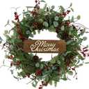 Christmas Wreaths for Front Door,Artificial Christmas Wreath with Sparkling Leaves and Pine Needles are paired with Plump Pine and red Berries,Wreath for Indoor Wall Window Decor.