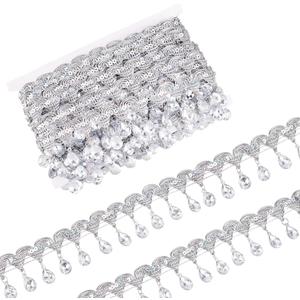 FINGERINSPIRE 9.8 Yard 48.5mm Silver Metallic Scroll Braid Trim with Sequins & Clear Rhinestone Polyester Hanging Beads Fringe Trim Gimp Braid Trim Sewing Tassel Trim by The Yard for DIY Crafts