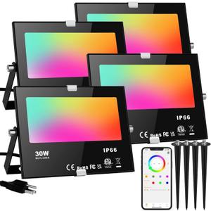 LED Flood Lights RGB Color Changing 300W Equivalent Outdoor, 30W Bluetooth Smart RGB Floodlight APP Control, 2700K&16 Million Colors for Garden Stage Lighting 4 Pack with Metal Ground Spikes Stakes