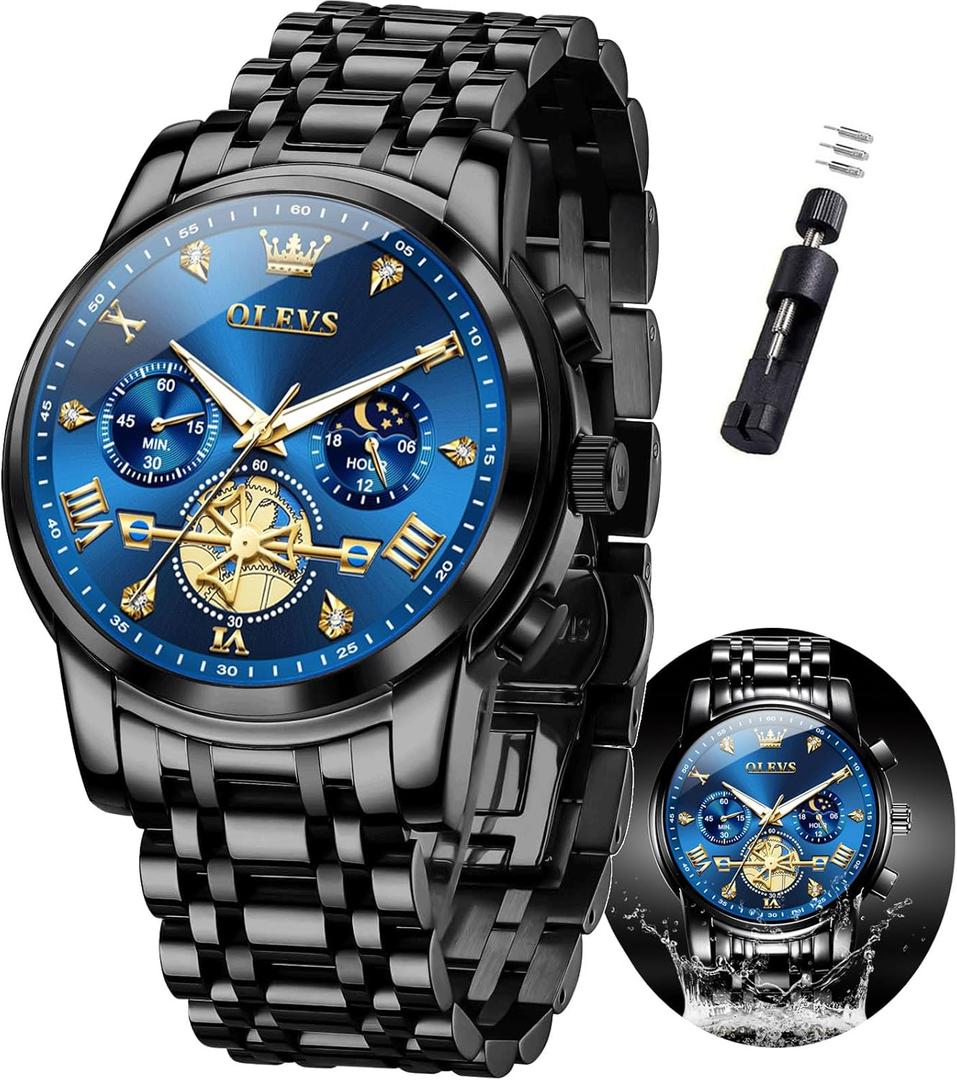 OLEVS Mens Watches Chronograph Watch Luxury Dress Stainless Steel Waterproof Watches for Men Moon Phase Luminous Business Calendar Wrist Watch Blue/Black/Green/Gold/Face