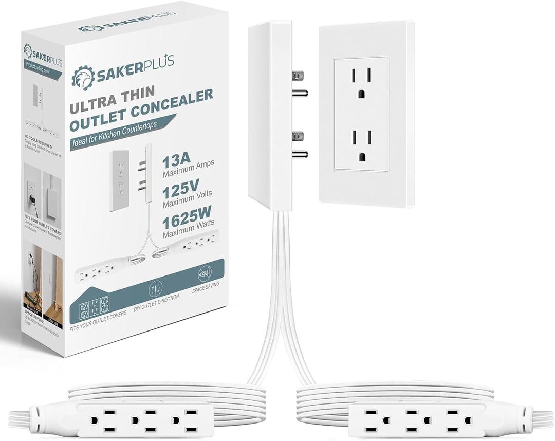 SakerPlus Outlet Concealer Power Strip-Outlet Cover Extender with 3AC Outlets-5ft Flat Plug Extension Cord,Universal Size,1625W for Kitchen, Home and Office,Child & Pet Safe(Dual 5 Foot)