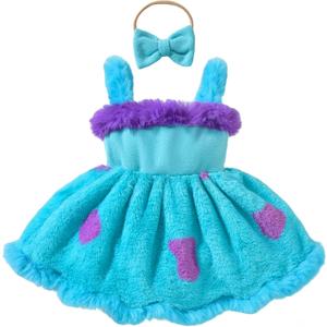 Infant Baby Girl Halloween Costume Outfit Funny Monster Fuzzy Romper Dress Sleeveless Plush Dresses with Headband (Blue, 0-3 Months)