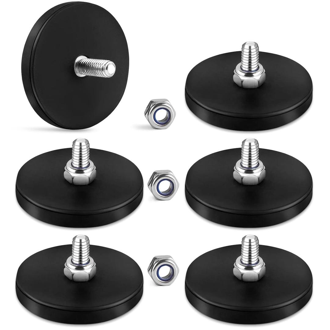 Learay 6 Pack Rubber Coated Magnets, 31 LBS Neodymium Magnet Base with M6 Threaded Studs, Strong Mounting Stud Magnet Black Rare Earth Magnets for Light Bar Mirror Camera Tool