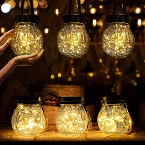 Cooo 6 Pack Heavy Crackle Glass Solar Lantern with 30 LED Firefly Lights Waterproof Outdoor Hanging Lamp 215% Larger Solar Panel, Stainless Steel Lid Decorative Lighting for Garden Patio Table