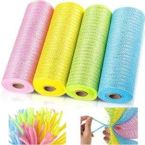 4 Roll Easter Poly Mesh Ribbon Spring Easter Wired Edge Ribbon Poly Decor 10 Inch x 30 Feet Metallic Mesh Decor and 100 Pieces Wreath Tube Cleaners Chenille Stems (Blue, Light Yellow, Pink, Yellow)