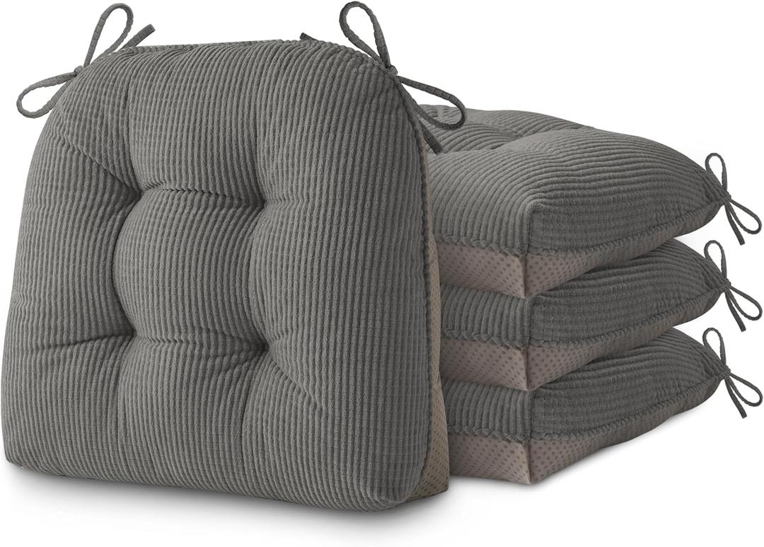 AddGrace Dining Chair Cushions Set of 4 Non-Slip Bottom Kitchen Chair Pads with Ties for Indoor Kitchen Furniture Comfy Soft Seat Cushions for Dining Room 18 x 16 x 3inch Grey