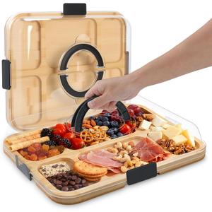 Bamboo Charcuterie Boards with Lid, Travel Portable Cheese Board & Serving Tray with Clear Cover, Charcuterie Boxes for Picnic, Kitchen, Housewarming Gifts for Women & New Home (6 Compartments)
