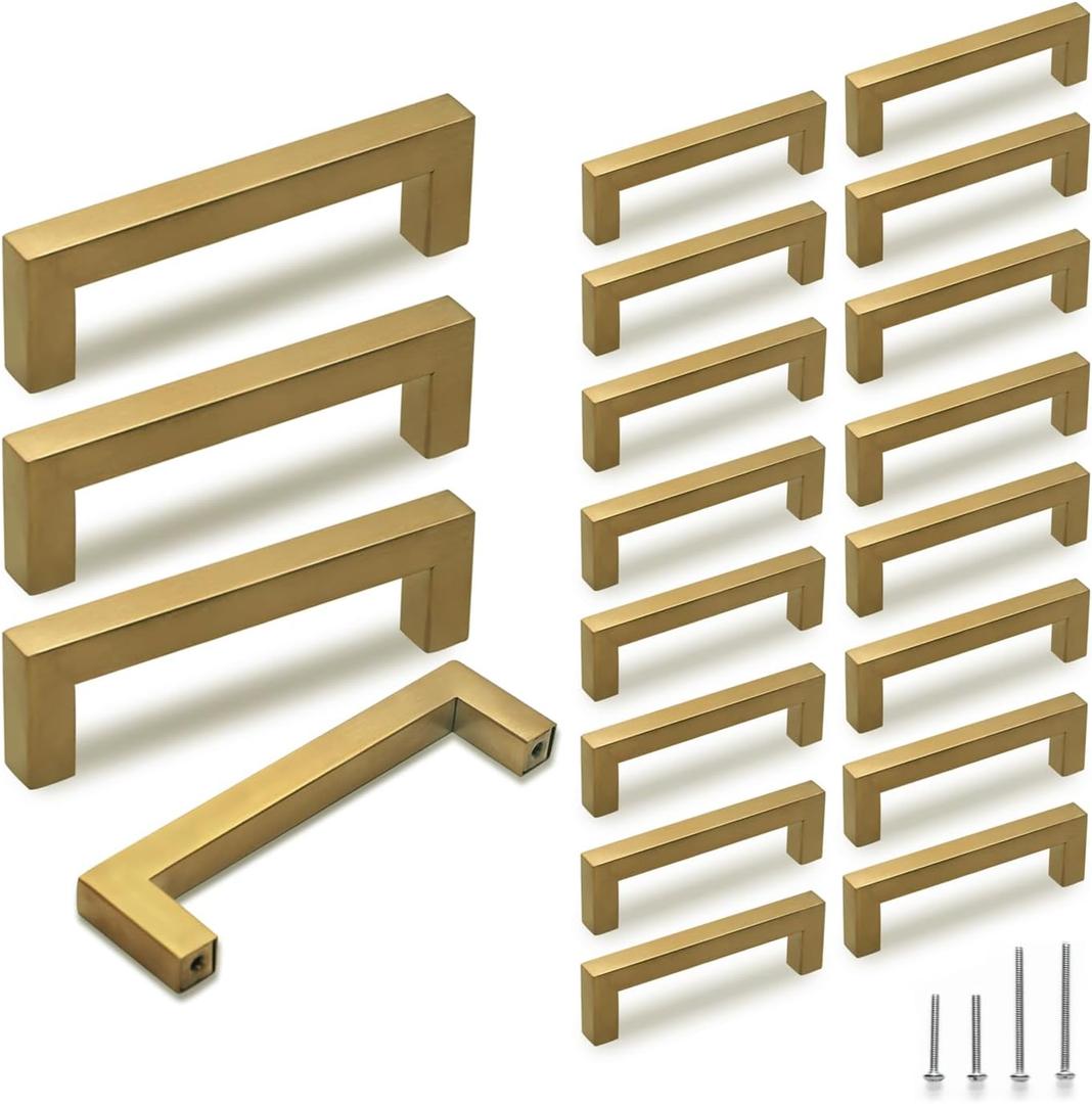 TooCust Brushed Brass Square Drawer Pulls 20 Pack, Modern Gold Cabinet Handles with 3-1/2 Inch (90mm) Hole Centers, Kitchen Cabinet Hardware and Dresser Pulls