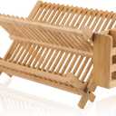 Bamboo Dish Drying Rack-2 Tier, Collapsible Small Dish Rack with Utensil Holder, Wooden Drying Rack for Kitchen Counter, Apartment Essentials Kitchen Plate Holder Organization 34 pcs Grid