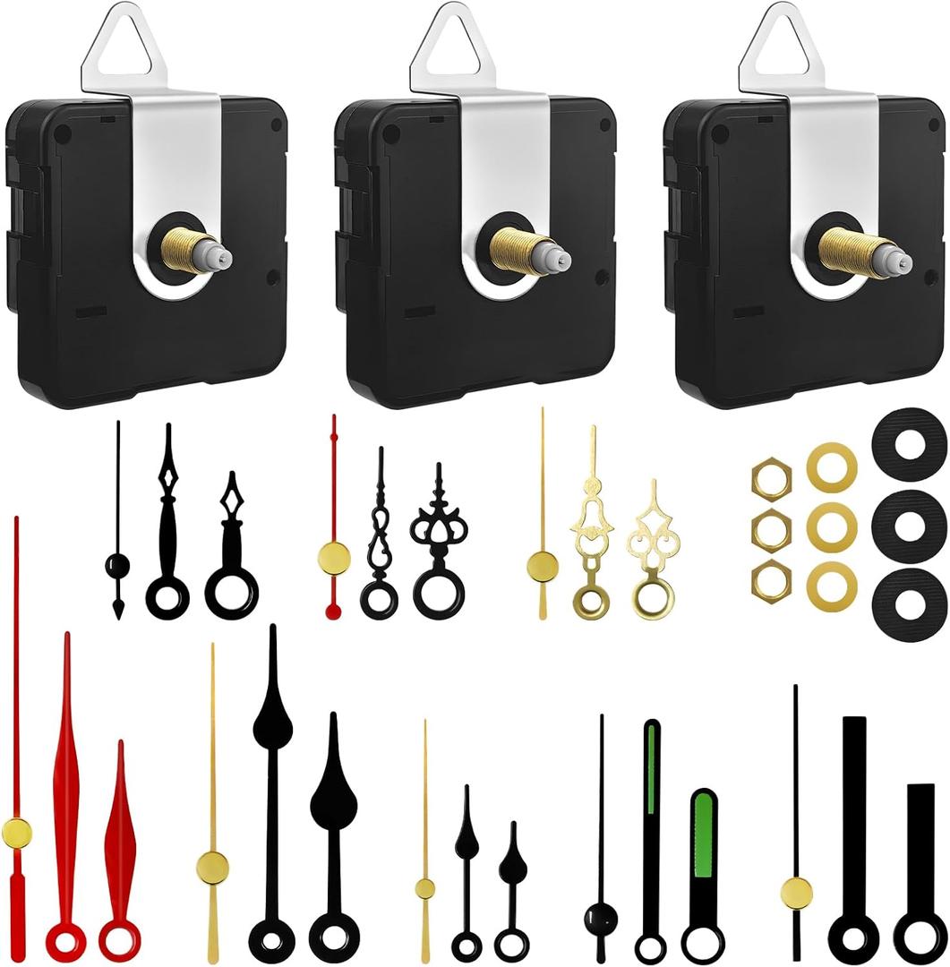 3PCS Clock Mechanism Kit, Quartz Clock Movement Replacement with 8 Pairs of Short Clock Hands, Battery Clock Replacement Mechanism Include Clock Hands DIY Repair Parts (Total Shaft Length 16/20/23mm)
