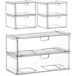 Acrylic Storage Drawers Set of 6, Clear Makeup Organizer, Plastic Organizer Bins for Beauty Supplies,Ideal for Vanity, Bathroom,Cabinet,Pantry Organization