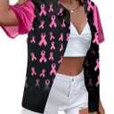 Breast Cancer Awareness Shirts Women: Pink Ribbon Graphic Top Breast Cancer Blouse Short Sleeve Button Down Tops (Small, Black)