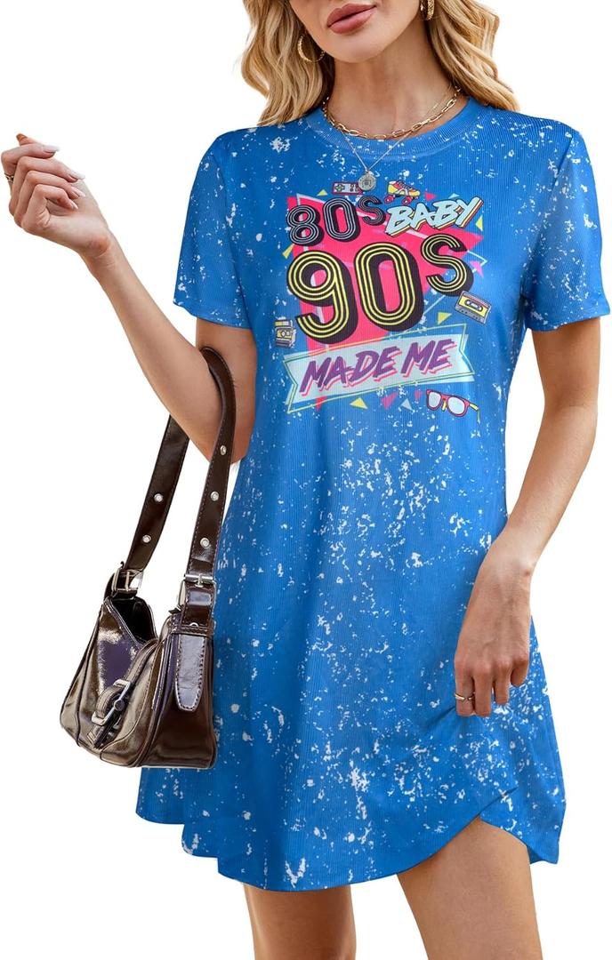 FLOYU 90s Shirt Dress Women's Short Sleeve Summer Dress 1990s Dresses 90s Neon Knee Length Dress (Blue,Small)