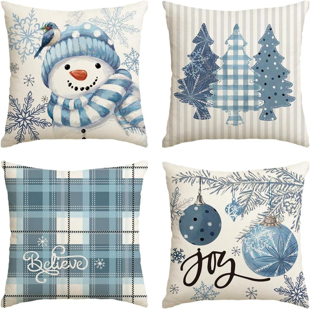 AVOIN colorlife Winter Snowman Joy Snowflake Christmas Throw Pillow Covers, 18 x 18 Inch Xmas Tree Winter Holiday Buffalo Plaid Cushion Case Decoration for Sofa Couch Set of 4 (Blue)