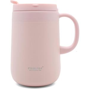 Stainless Steel Coffee Mug with Lid and Handle, Double Wall Vacuum Insulated Cup, 16oz, Pink