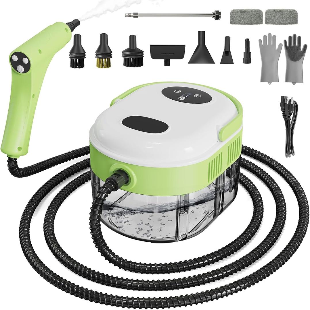Handheld Steam Cleaner for Home, 1.59QT Tank, 6 Adjustable Modes, High Pressure Steam Cleaner for Car Detailing, Steamer for Cleaning Bed Bugs, Couch, Furniture, Kitchen (White+Green)