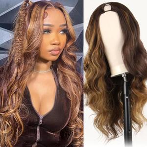 SCENTW V Part Wig Body Wave Synthetic Wigs for Women 24inch Brown wig with highlights V Part Wigs Upgrade U Part Wigs Glueless Full Head Clip in Half Wig for Black Women