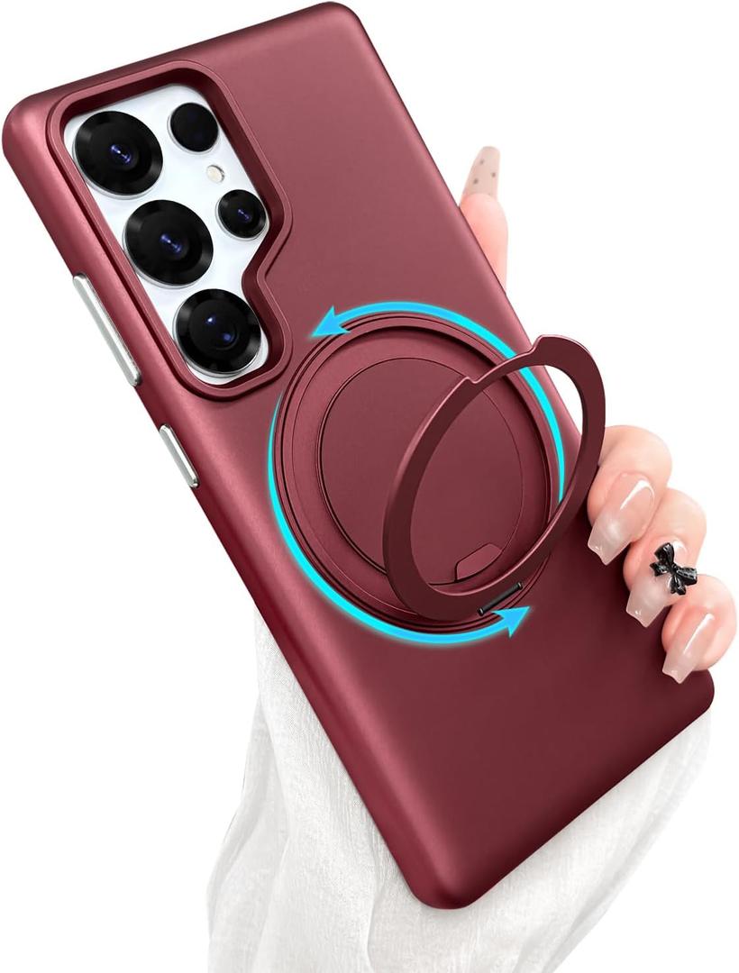 ankofave Magnetic for Samsung Galaxy S25 Ultra Phone Case with 360 Spin Stand, Matte Luxury Metallic Luster, 3.0 mm Thick Protection Hard PC Scratch-Resistant Protective Case 6.8", Wine Red