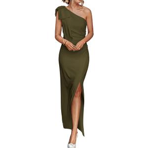 PRETTYGARDEN Women's Summer One Shoulder Long Formal Dresses Sleeveless Ruched Bodycon Wedding Guest Slit Maxi Dress (Large, Army Green)