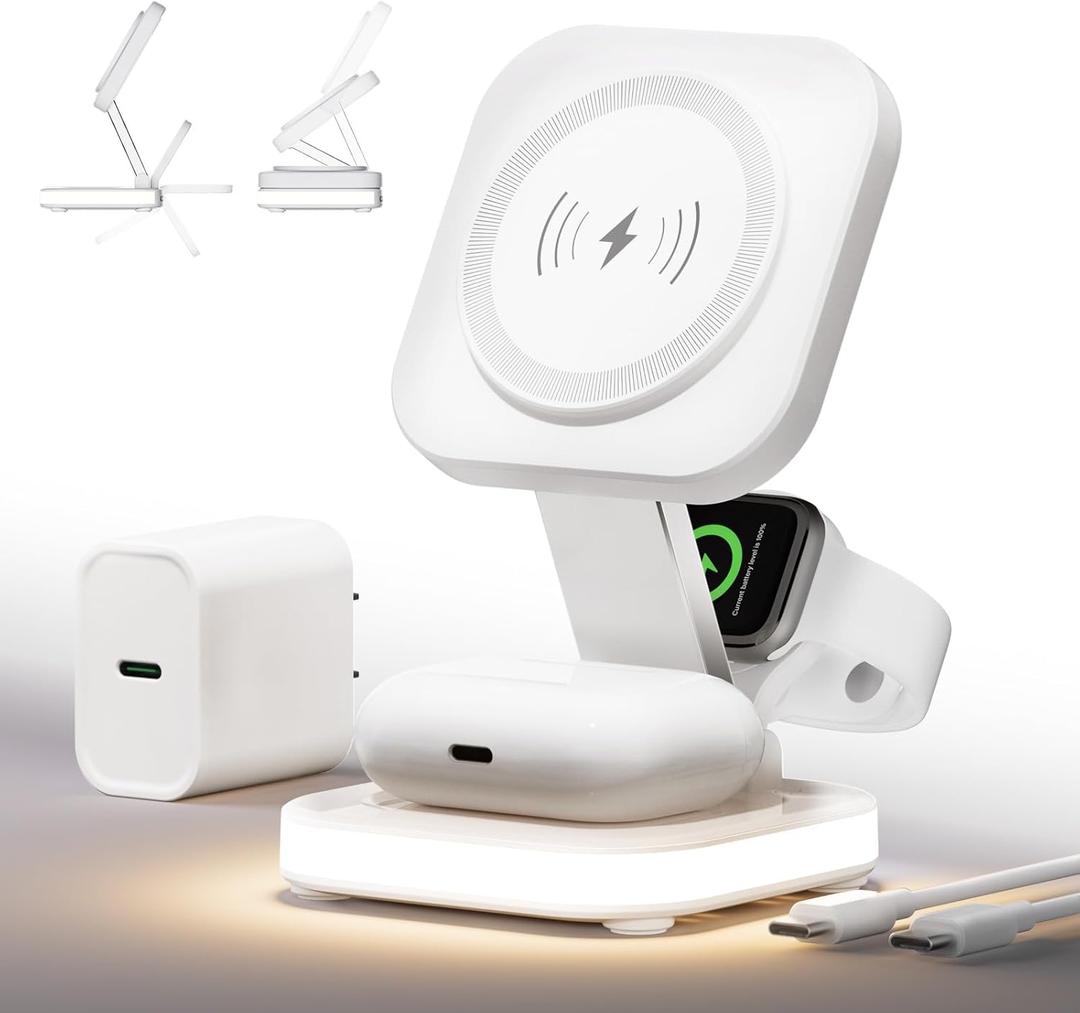 5-in-1 Magnetic Wireless Charging Stand for Apple MagSafe Charger with Night Light for iPhone 17/16/15/14/13/12, Watch, AirPods, Travel Magnetic Charger Nightstand Charging Station (Adapter Included)