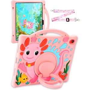 Kids Case for iPad A16 11th Gen 11" 2025 & iPad 10th Gen 10.9" 2022, Axolotl 3D Cute Silicone Kids Cover with Rotating Stand, Adjustable Strap & Pencil Holder for Girls Teens (Pink)