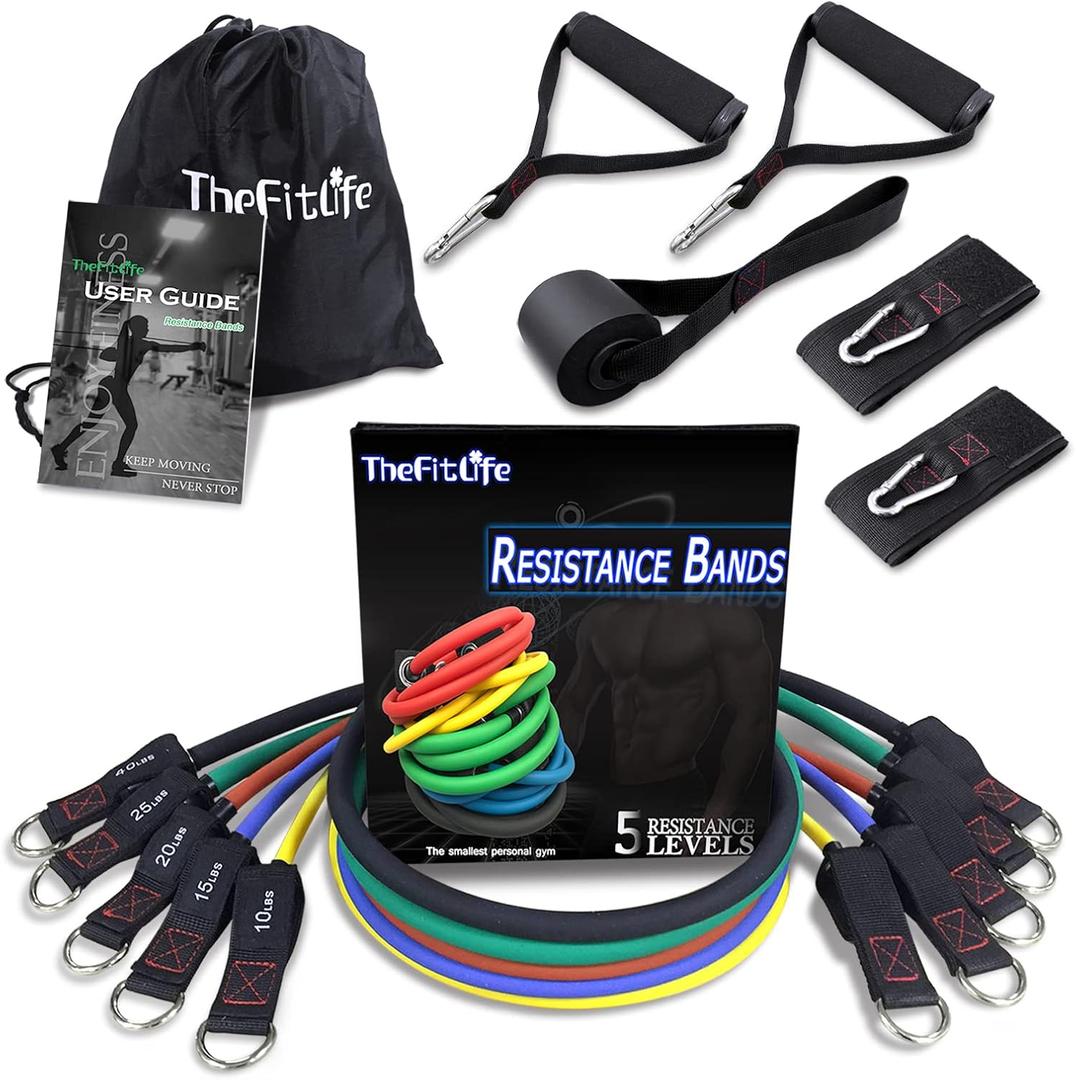 TheFitLife Exercise Resistance Bands with Handles - 5 Fitness Workout Bands Stackable up to 110/150/200/250/300 lbs, Training Tubes with Large Handles, Ankle Straps, Door Anchor (Yellow-Black 110LBS)