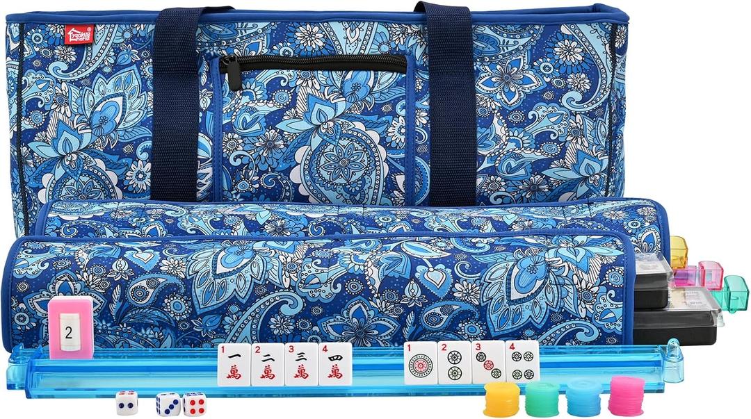 Mahjong Set Mahjong Game Set American Mahjong Set 166 Tiles 4 All-in-One Color Rack/Pushers Blue Paisley Soft Neoprene Bag Mahjongg Ma Jong Set