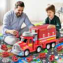 2 in 1 Fire Trucks for Toddlers 3-5, Carrier Vehicles Toy with 8 Cars, Transport Race Tracks with Light and Sound, Educational Birthday Gifts for Kids Boys Girls Ages 3 4 5 6