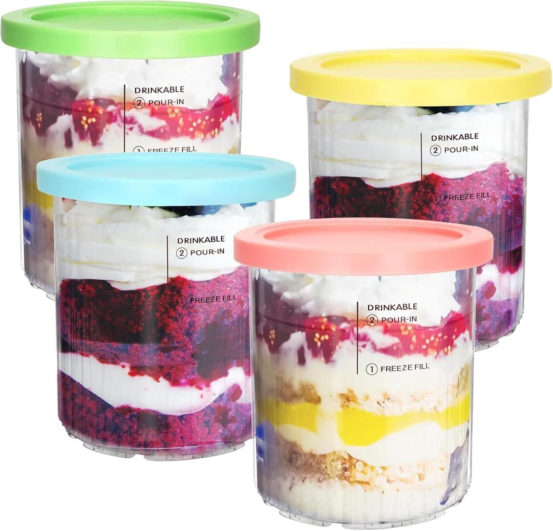 For Ninja Creami Deluxe Pints and Lids 4 Pack, NC500 NC501 Ice Cream Pint fit for Ninja Delux Ice Cream Maker, 24 oz. food container for Ninja Creami Deluxe (Blue,Pink,Yellow,Green)