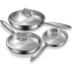 Tri-Ply Stainless Steel Frying Pans Set with Lid, EWFEN 8/10/12 Cooking pans, PFOA&PTFE Free Skillet, Induction Cooking Pan, Dishwasher and Oven Safe, Fast & Even Heat, Suitable for All Stove