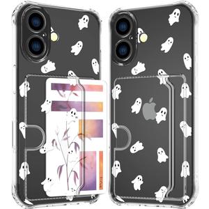 Compatible with iPhone 17 Case Card Holder for Women Cute Design,Wallet Phone Cases Transparent Cool Kawaii Protective (Clear Ghosts Halloween Hallowmas)