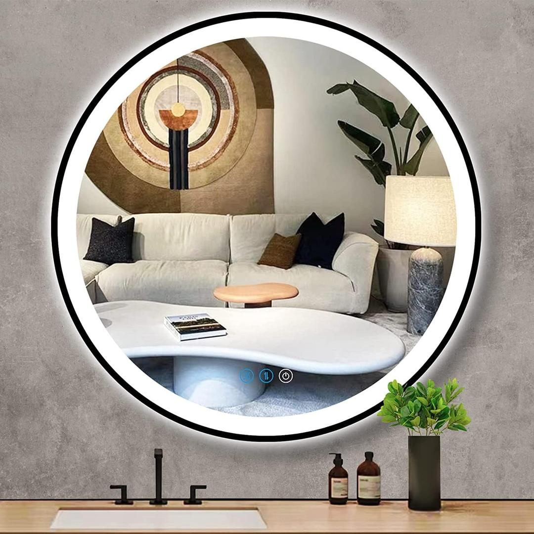 32 Inch Black Frame Round LED Bathroom Mirror Anti-Fog Smart Memory 3 Color Adjustable Brightness Frontlit 32" Black Framed Circle Round Lighted Vanity Mirror for Bathroom Wall Mounted