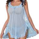 Avidlove Women's 2 Piece Mesh Sheer Floral Lace Babydoll Slip Dress Nightgowns and Thong Lingerie Set (Medium, Light Blue)