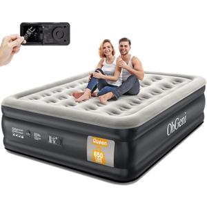 OhGeni Queen Air Mattress with Built in Pump, 18 Raised Comfort Inflatable Mattress, Quiet Surface Portable Blow Up Mattress, Air Bed for Home and Guest, Colchone Inflable, 650 lbs Max (Black)