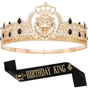 King Crown and Birthday Sash, King Crown for Men,Gold Men's Tiara Prince Diadem,Royal Medieval Cosplay Birthday Prom Halloween Hair Accessories