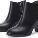Coutgo Women's Fall Ankle Boots Shoes Chunky Block Stacked Heel Bow Tie Pointed Toe Dress Booties Side Zipper (10, Pu Black)