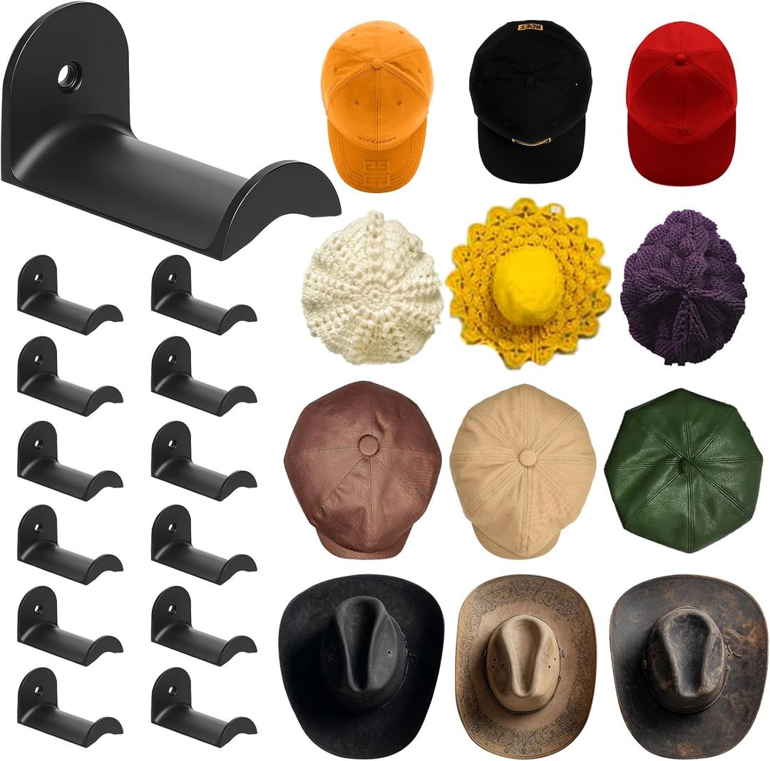 12 Pcs Cowboy Hat Rack for Wall, Hat Holder with Strong Adhesive Screws Bolts, Cowboy Hat Hook Hold up to 12 Hats, Hat Hanger for Baseball Caps Keys Accessories, Western Hat Hook Room Decor