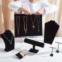 PH PandaHall 7pcs Velvet Jewelry Display Set Black Necklace Display Stands T-Bar Bracelet Holder Pendant Earring Displays Rack Pillow Watch Organizer for Jewelry Selling Store Vendor Trade Showcase
