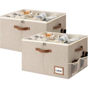 StorageWorks Shoe Organizer for Closet, 2 Pack Shoe Storage Cubes Holds Up to 16 Pairs, Space Saving Storage Boxes with Lid and Handles, Taupe