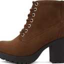 Soda Second Lug Sole Chunky Heel Combat Ankle Bootie Lace up w/Side Zipper (10, Chestnut Imitation Suede)