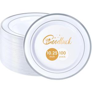 Goodluck 100PCS Silver Plastic Plates, 10.25 Inch Dinner Plate with Silver Rim, Heavy Duty Disposable Plastic Plates for Party, Wedding, Birthday & Daily Use