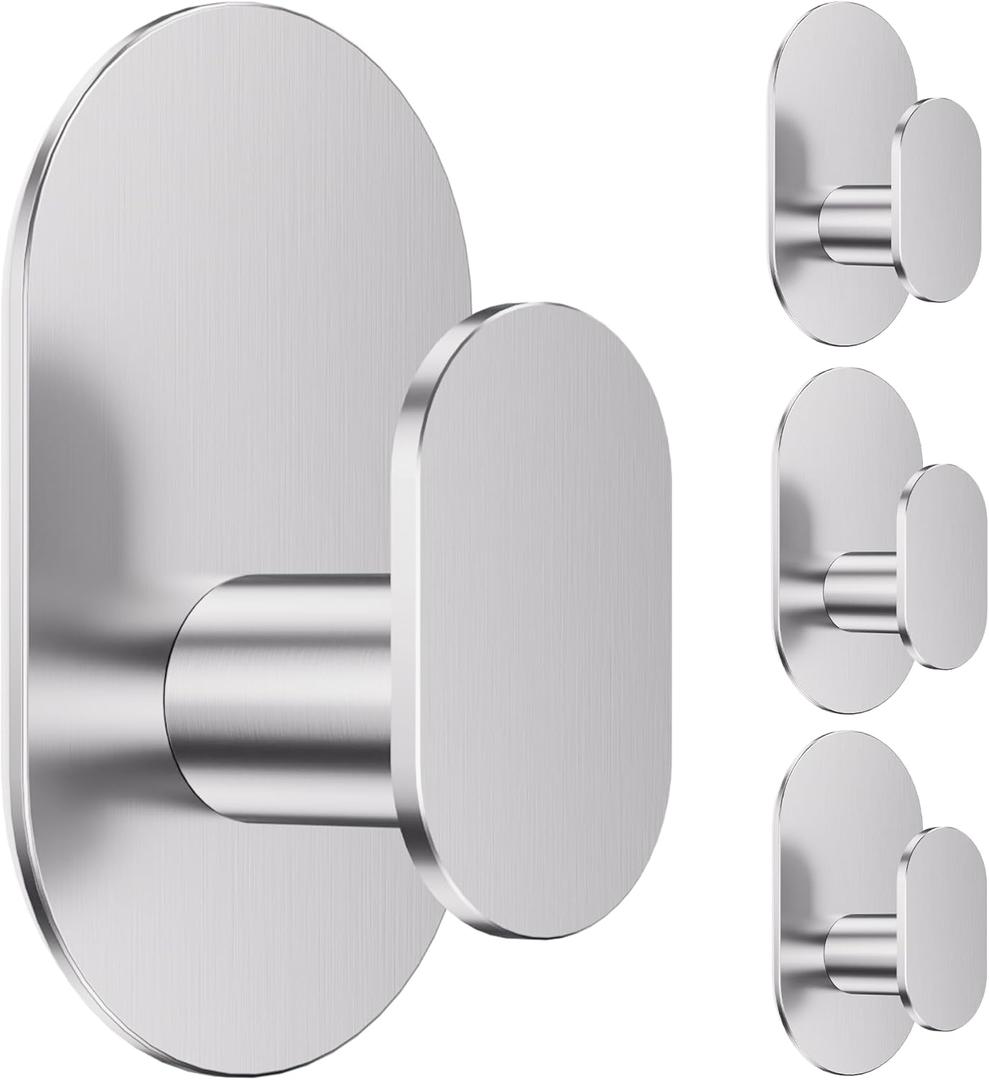 Aikzik Adhesive Towel Hooks - 4 Pack 26LB Heavy Duty Wall Sticky Waterproof Hooks for Hanging Coat, Towel, Robe, Wall Mount for Bathroom or Kitchen (Silver, Stainless Steel)