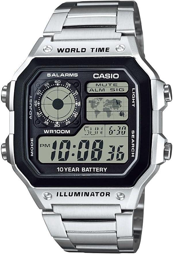 Casio AE1200WH Series | Men's Digital Watch | 100M WR | Multi Alarms | 100 SEC Stopwatch | Countdown Timer | World Map for World Time | LED Light | LC Analog Display | 10 Year Battery (Silver)