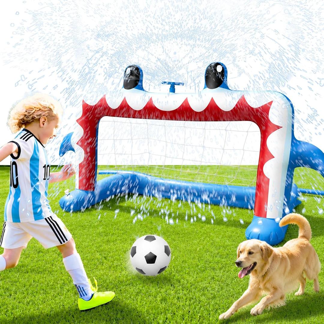 Intoypad Water Sprinkler Soccer Toys, Inflatable Shark Soccer Goal with a Soccer Ball for Backyard Pool Outdoor Play, Summer Water Games Outside Yard Pool Gifts Toys for Boys Girls Kids Ages 3-8