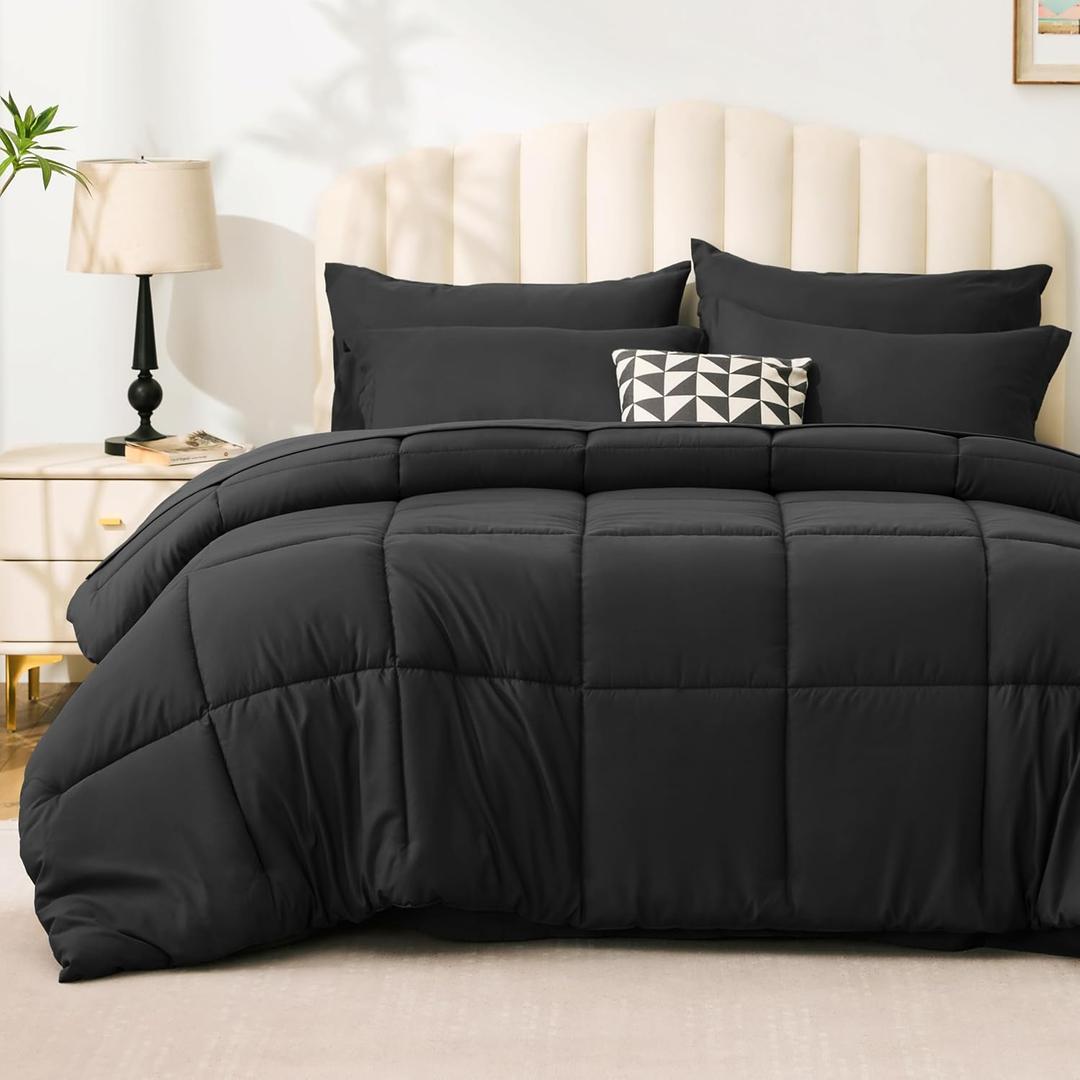 Love's cabin Full Comforter Set Ash Black, 7 Pieces Full Bed in a Bag, All Season Bedding Sets with 1 Comforter, 1 Flat Sheet, 1 Fitted Sheet, 2 Pillowcase and 2 Pillow Sham | Soft, Breathable, Lightweight, Comfortable