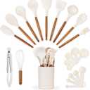 Silicone Kitchen Utensils Set & Holder: Cooking Utensils Set - Kitchen Essentials for New Home & 1st Apartment- Silicone Spatula Set, Cooking Spoons for Nonstick Cookware (Acacia Wood, Cream White)
